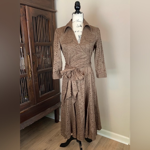 CAbi Dresses & Skirts - CAbi Brown Eyelet Faux Wrap Dress